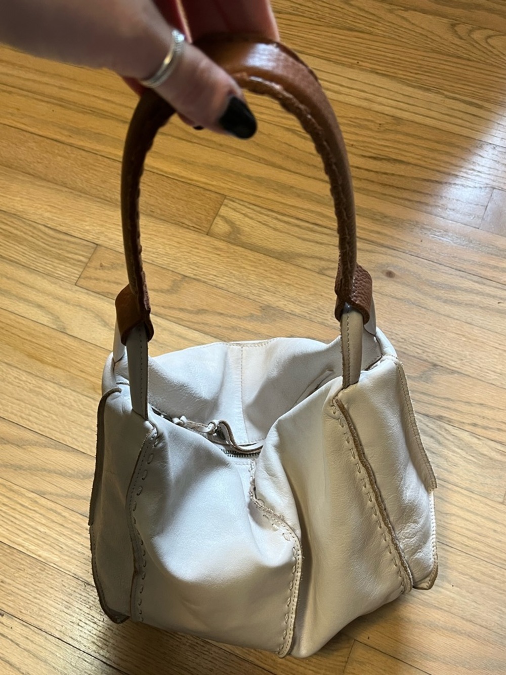 The Sak Cream Slouchy Shoulder Hobo Bag with Brown Handle